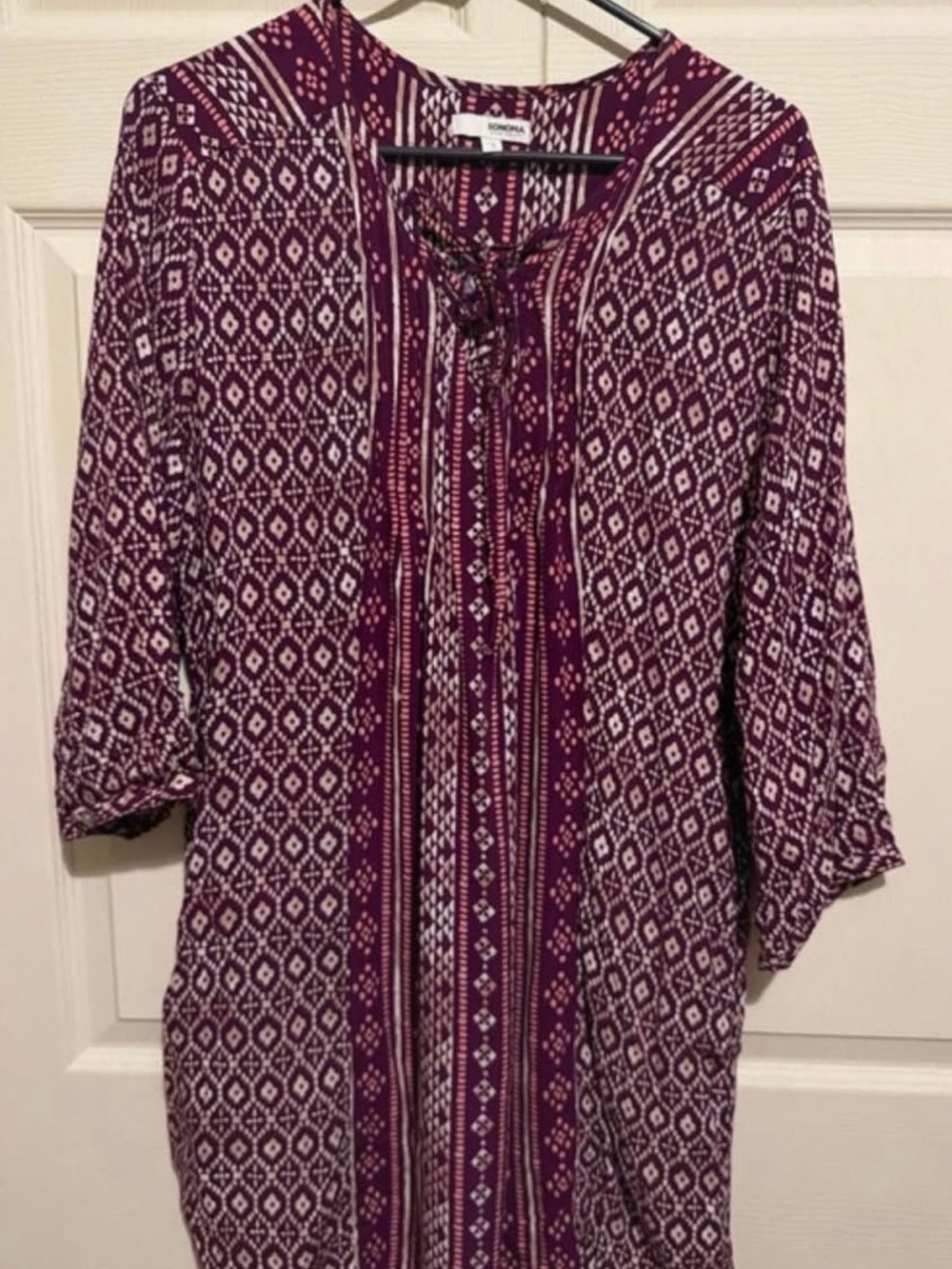 Sonoma Plum and White Geometric Long Sleeve Dress